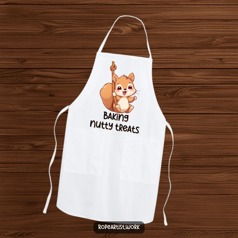 Funny squirrel apron featuring a kawaii character swinging from a thick rope, ideal for cooking and baking.