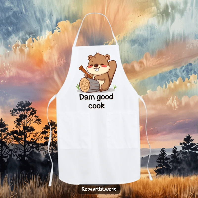Funny Kawaii Beaver Apron showing a cheerful beaver enthusiastically sawing a log, ideal for messy activities.