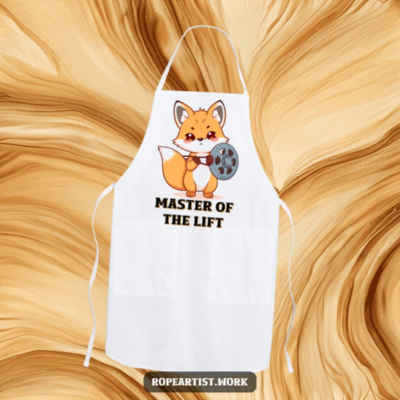 Funny Kawaii Fox Apron showing a cute fox working on a pulley, ideal for kitchen tasks and adding a humorous element.