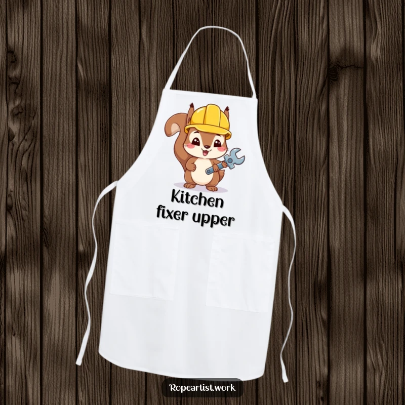 Funny Kawaii Squirrel Apron showing a cute squirrel wearing a hard hat and carrying a tiny wrench, ideal for messy activities.