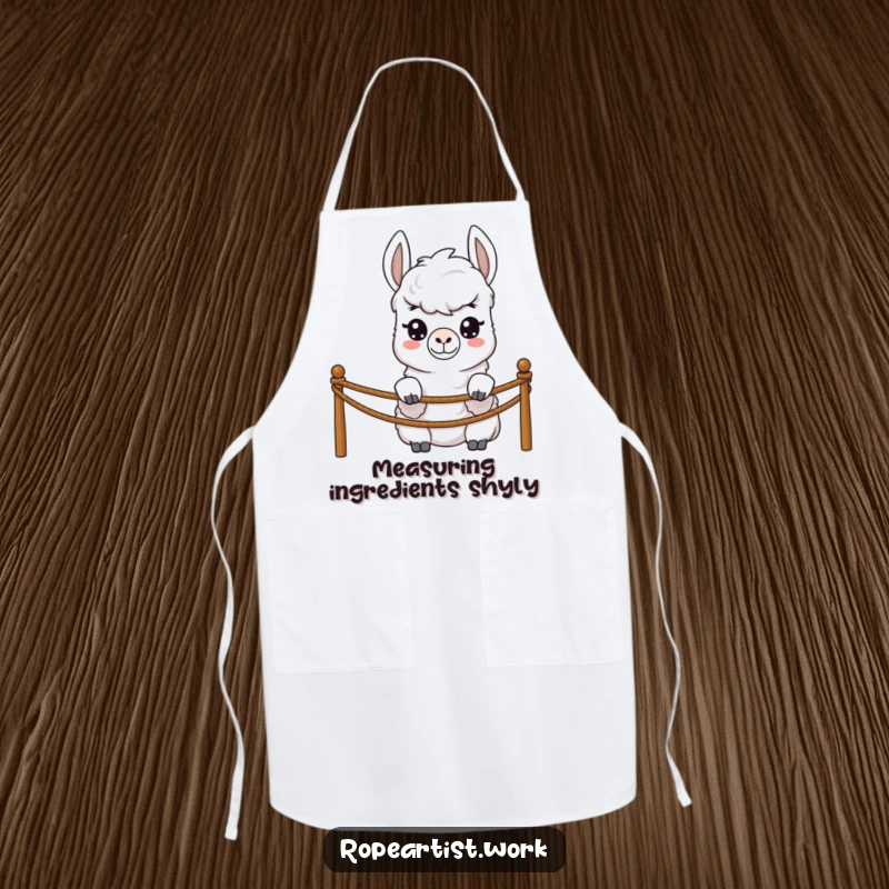 Funny llama apron featuring a shy character peeking over a rope barrier, ideal for cooking and kitchen fun.