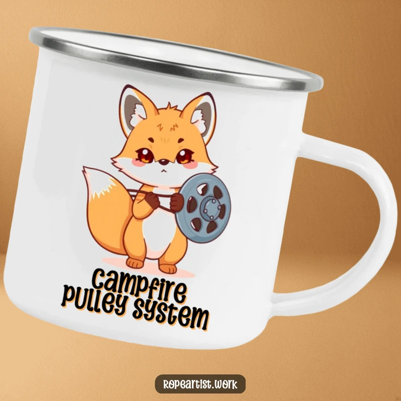 Funny Kawaii Fox Camping Mug showing a cute fox working on a pulley system, designed for outdoor adventures and mechanical tasks.