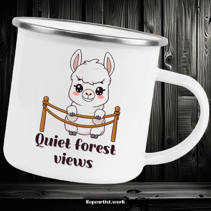 Funny llama camping mug with a shy character peeking over a rope barrier, durable and humorously subtle for outdoors.