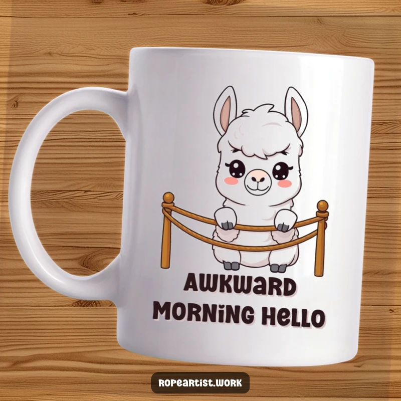 Funny llama mug featuring a shy character peeking over a rope barrier, a humorous and relatable gift.