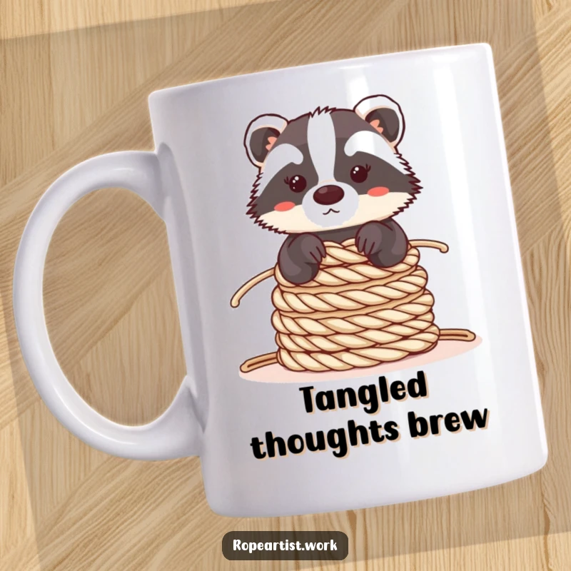 Funny Kawaii Badger Mug with a cute badger carefully balancing a stack of coiled ropes, ideal for yoga enthusiasts and animal lovers.