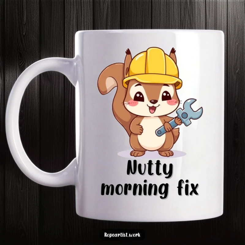 Funny Kawaii Squirrel Mug showing a cute squirrel wearing a hard hat and holding a tiny wrench, ready to build.