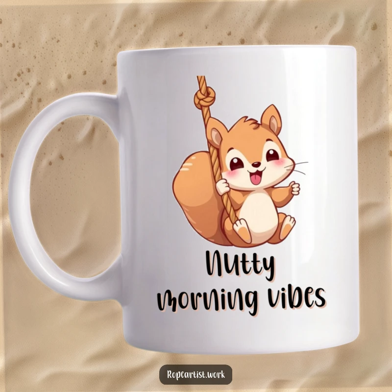 Funny squirrel mug featuring a kawaii character swinging playfully from a thick rope, a cute and humorous gift.