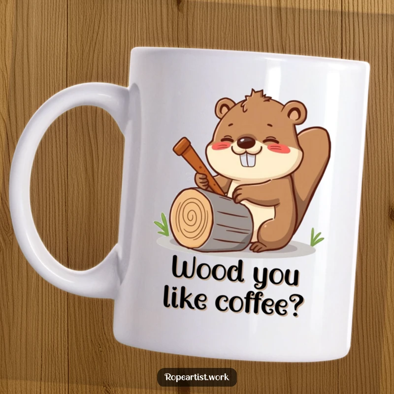 Funny Kawaii Beaver Mug showing a happy beaver enthusiastically sawing a log with a big grin, ready to work.