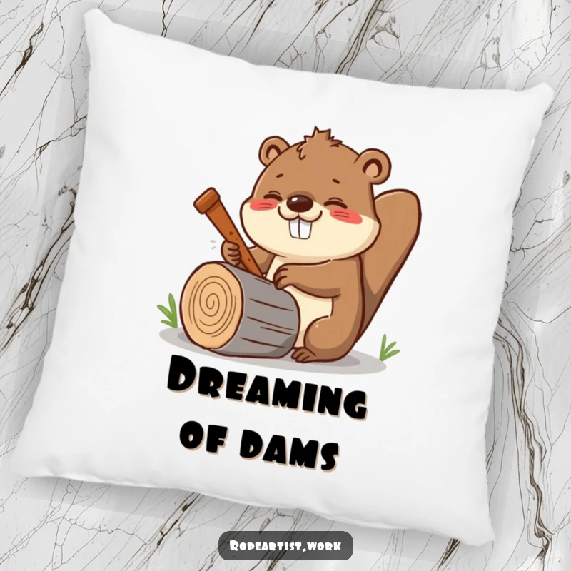 Funny Kawaii Beaver Pillow featuring a cheerful beaver sawing a log, offering comfort and industrious charm.