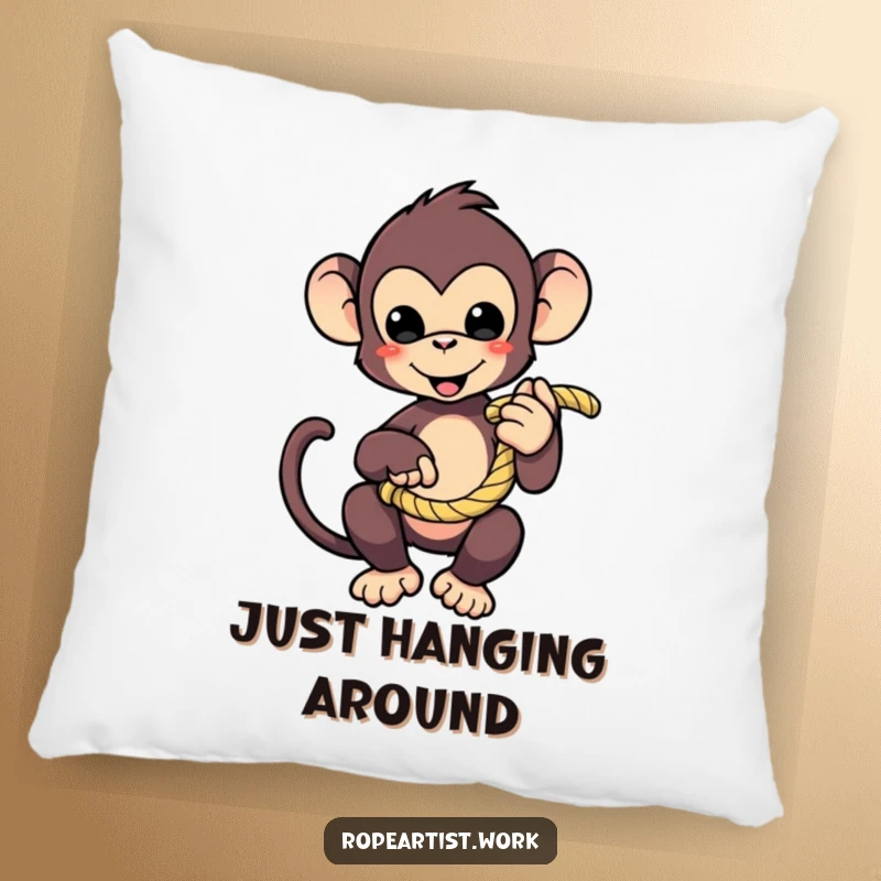 Funny monkey pillow with a cute character playfully holding a coiled rope, soft, huggable, and humorous decor.