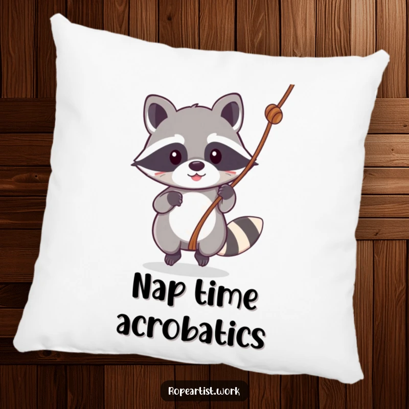 Funny Kawaii Raccoon Pillow featuring a cute raccoon swinging with grace, offering comfort and a humorous decor element.