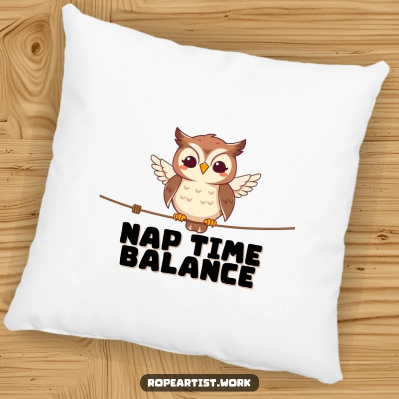 Funny owl pillow with a smiling character balancing on a tightrope, soft, huggable, and humorously wise.