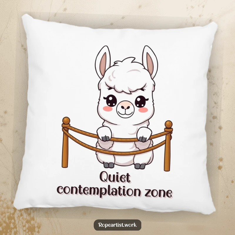 Funny llama pillow with a shy character peeking over a rope barrier, soft, huggable, and humorously subtle.
