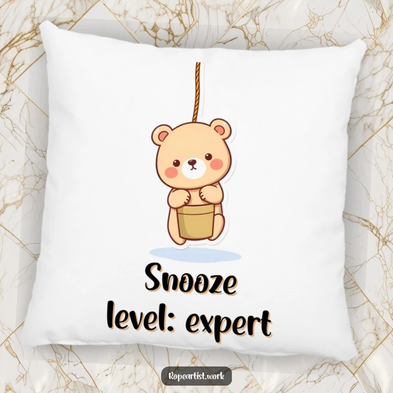 Funny bear pillow with an adorable character lowering a bucket with a rope, soft, huggable, and charmingly humorous.