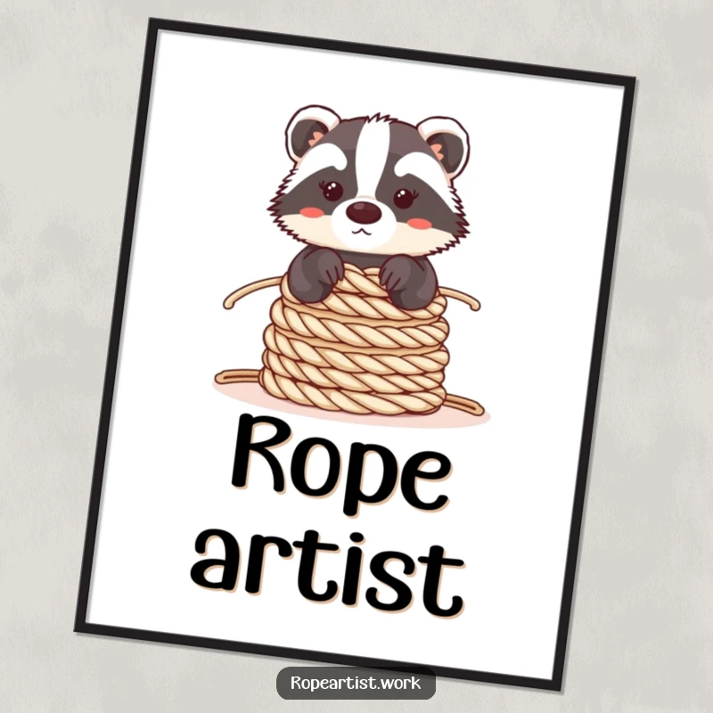 Funny Kawaii Badger Digital Art Print of a cute badger balancing ropes, ideal for calming decor and adding a humorous, stable vibe.