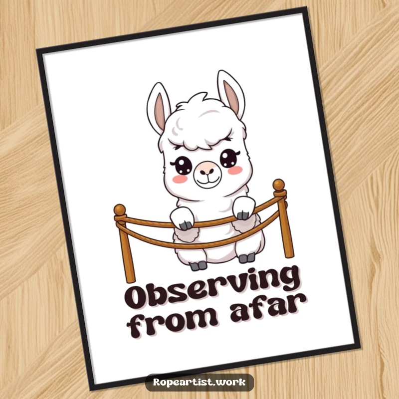 Funny llama digital art print of a shy character peeking over a rope barrier, instant cute and humorous decor.