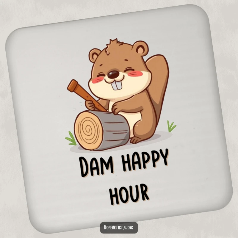 Funny Kawaii Beaver Drink Coaster featuring a cheerful beaver enthusiastically sawing a log, protecting surfaces.