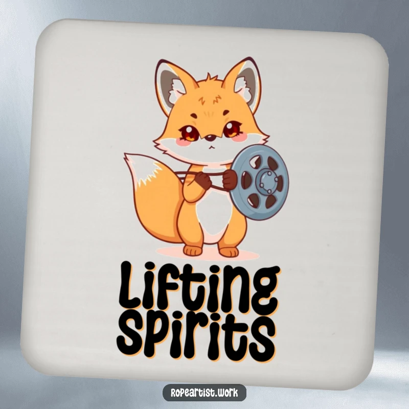 Funny Kawaii Fox Drink Coasters featuring a cute fox adjusting a pulley, ideal for protecting tables and adding a humorous mechanical touch.