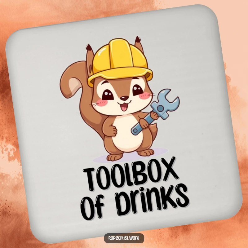 Funny Kawaii Squirrel Drink Coaster featuring a cute squirrel wearing a hard hat and holding a tiny wrench, protecting surfaces.