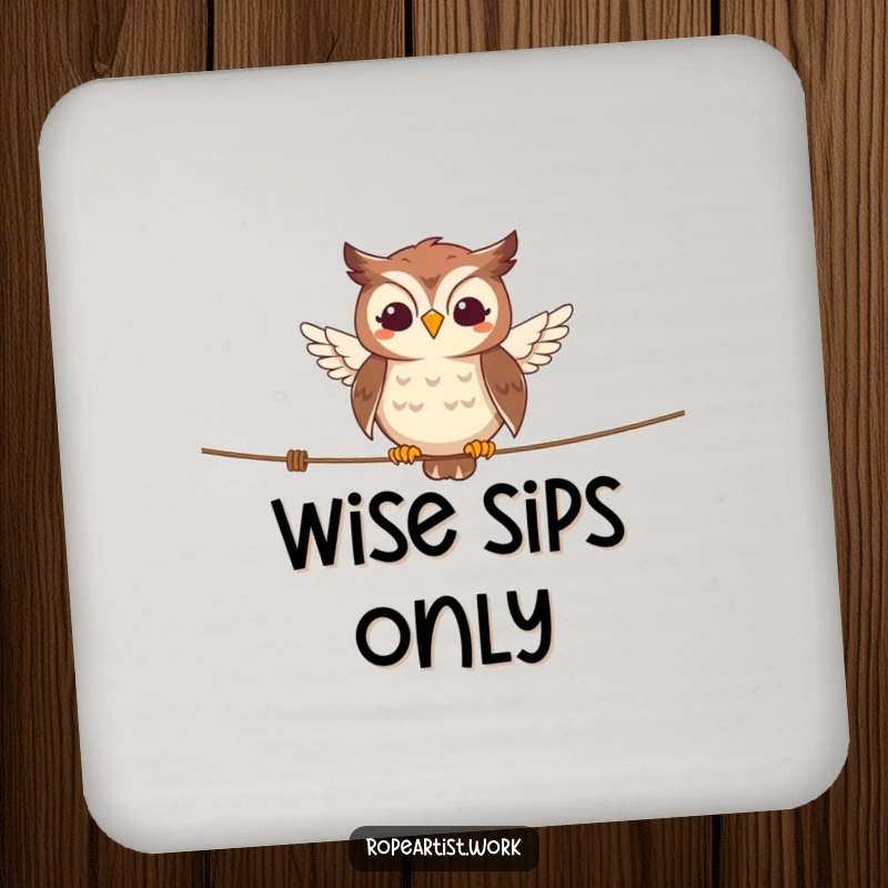 Funny owl coaster featuring a smiling character balancing on a tightrope, cute surface protection with humor.