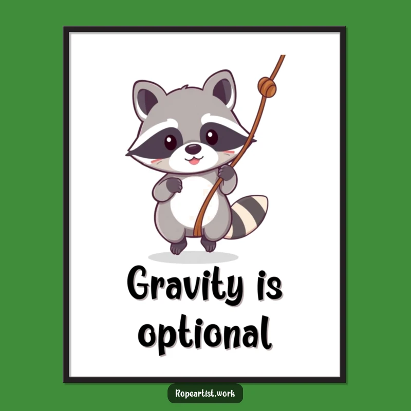 Funny Kawaii Raccoon Poster: Playful Swinging Art for Whimsical Wall Decor & Gift
