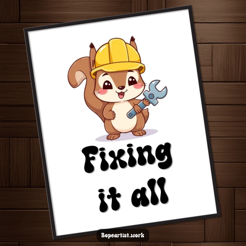 Funny Kawaii Squirrel Poster depicting a cute squirrel in a hard hat with a small wrench, ready for DIY projects.