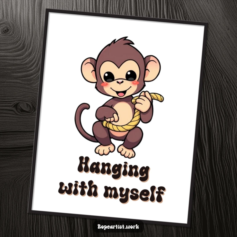 Funny monkey poster featuring a cute character playfully holding a coiled rope, whimsical wall art and gift.