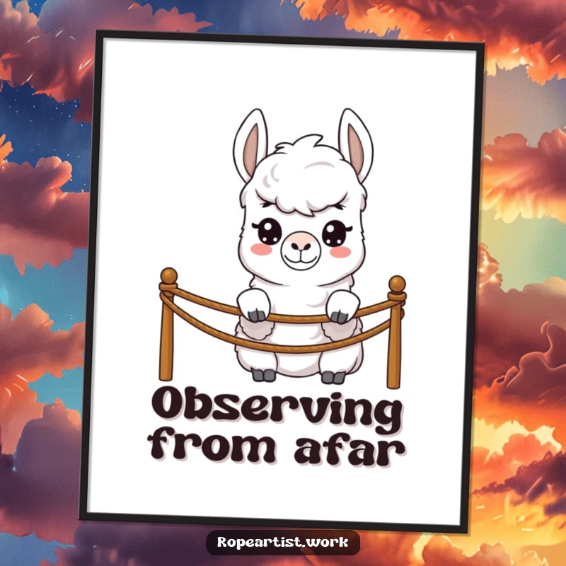 Funny llama poster featuring a shy character peeking over a rope barrier, charming wall art for gifting.