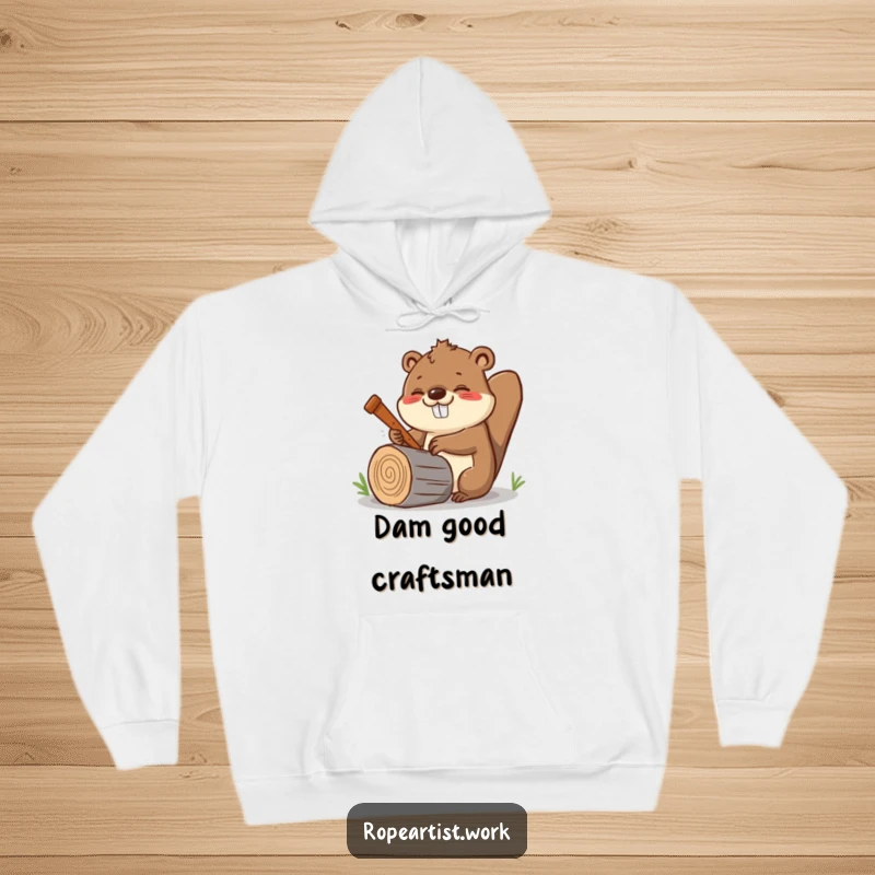 Funny Kawaii Beaver Hoodie showcasing a cheerful beaver sawing a log, offering warmth and industrious charm.
