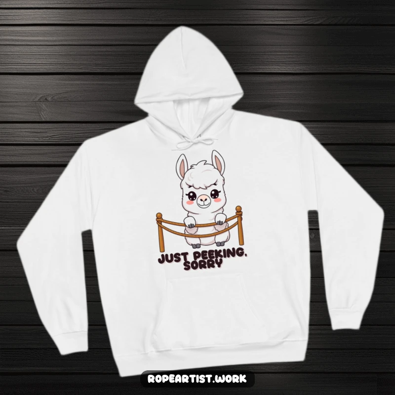Funny llama hoodie featuring a shy character peeking over a rope barrier, cozy and humorously reserved apparel.
