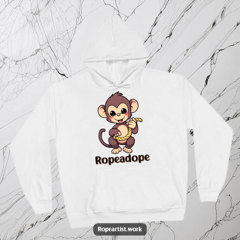 Funny monkey hoodie with a cute character playfully holding a coiled rope, a cozy and humorous apparel gift.