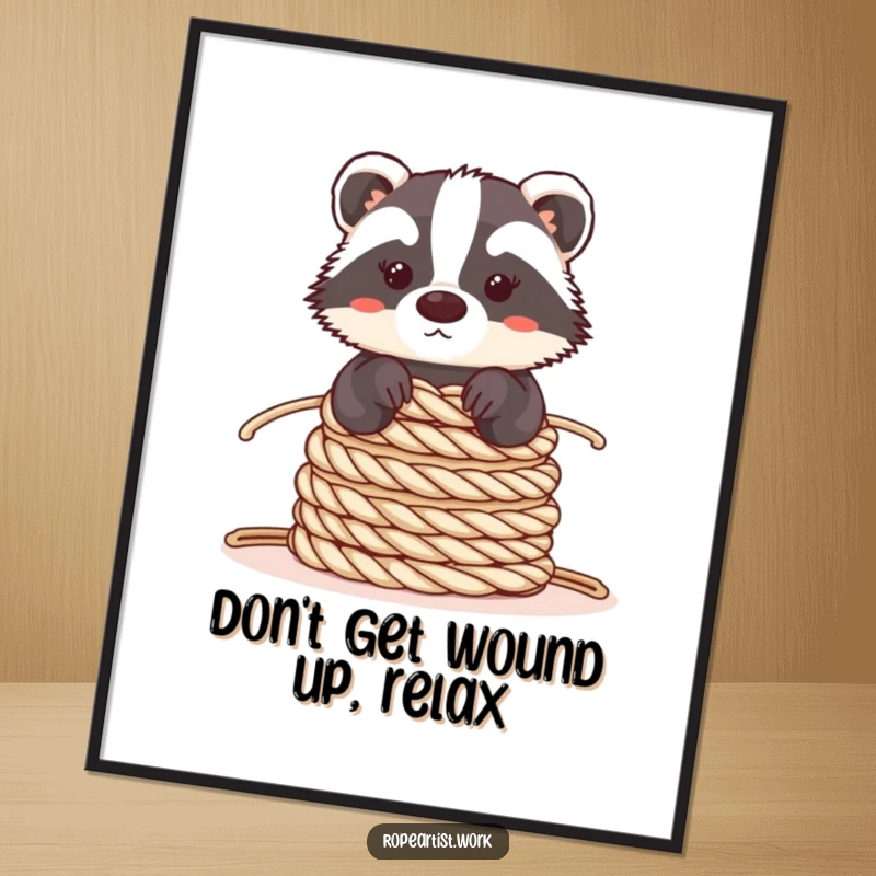 Funny free printable wall art: A cute kawaii badger meticulously balancing a tall stack of coiled ropes with precision.