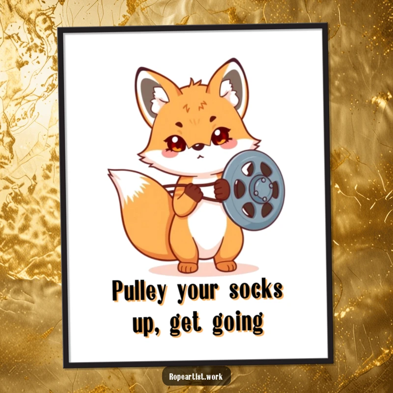 Funny free printable wall art: A determined kawaii fox meticulously adjusting a large pulley, ready for action.