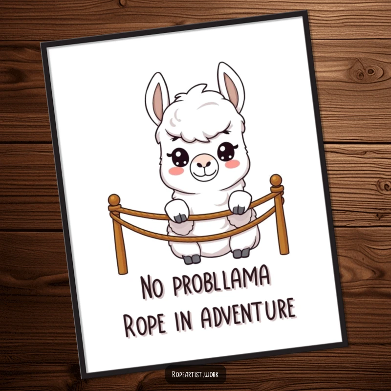 Funny Free Printable Wall Art: A shy llama character curiously peeking over a rope barrier, adding a touch of playful intrigue.