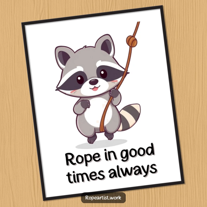 Funny free printable wall art: Adorable kawaii raccoon playfully swinging on a rope, exuding pure joy and mischief.
