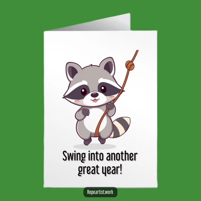 Free Printable Birthday Card: Funny Kawaii Raccoon Swinging Rope, Hilarious Downloadable Gift