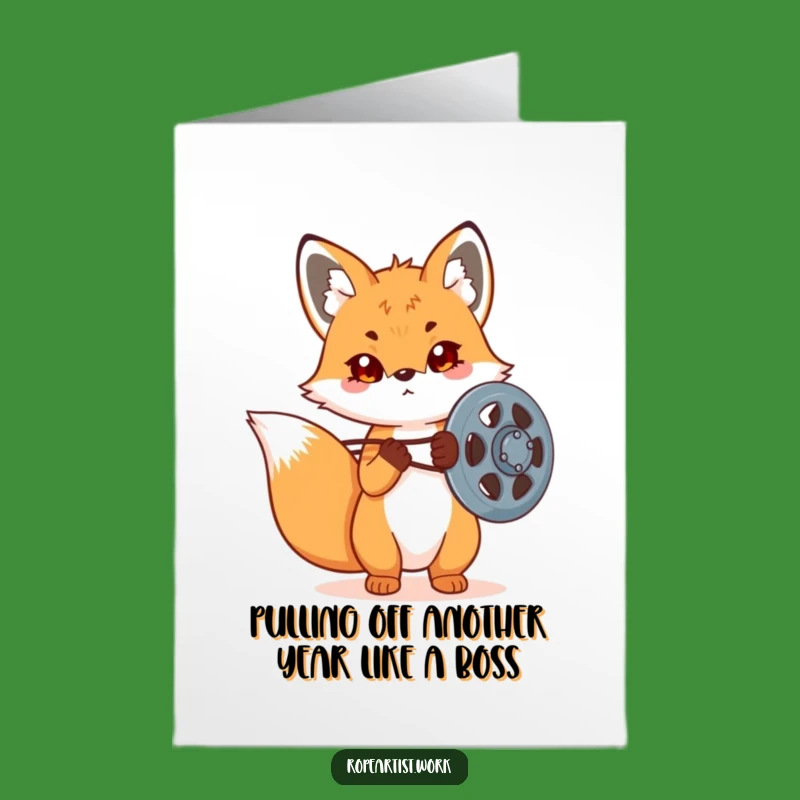 Free Printable Birthday Card: Funny Kawaii Fox & Pulley, Determined Downloadable Gift