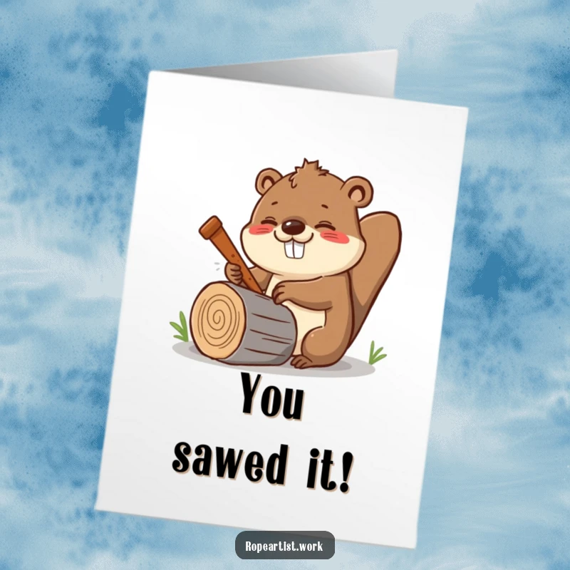Funny Free Printable Congratulations Card showing a kawaii beaver energetically sawing a log, cheering for achievement.