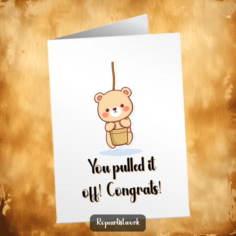 Funny Free Printable Congratulations Card: An adorable bear character lowering a bucket with a rope, celebrating success with a helpful gesture.