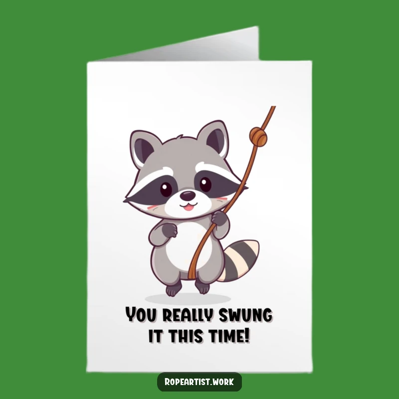Free Printable Congrats Card: Hilarious Kawaii Raccoon Swinging, Perfect Downloadable Celebration