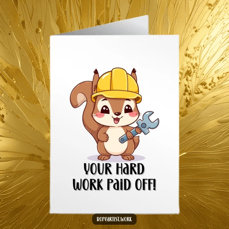 Funny Free Printable Congratulations Card showing a kawaii squirrel wearing a hard hat and holding a wrench, celebrating a job well done.