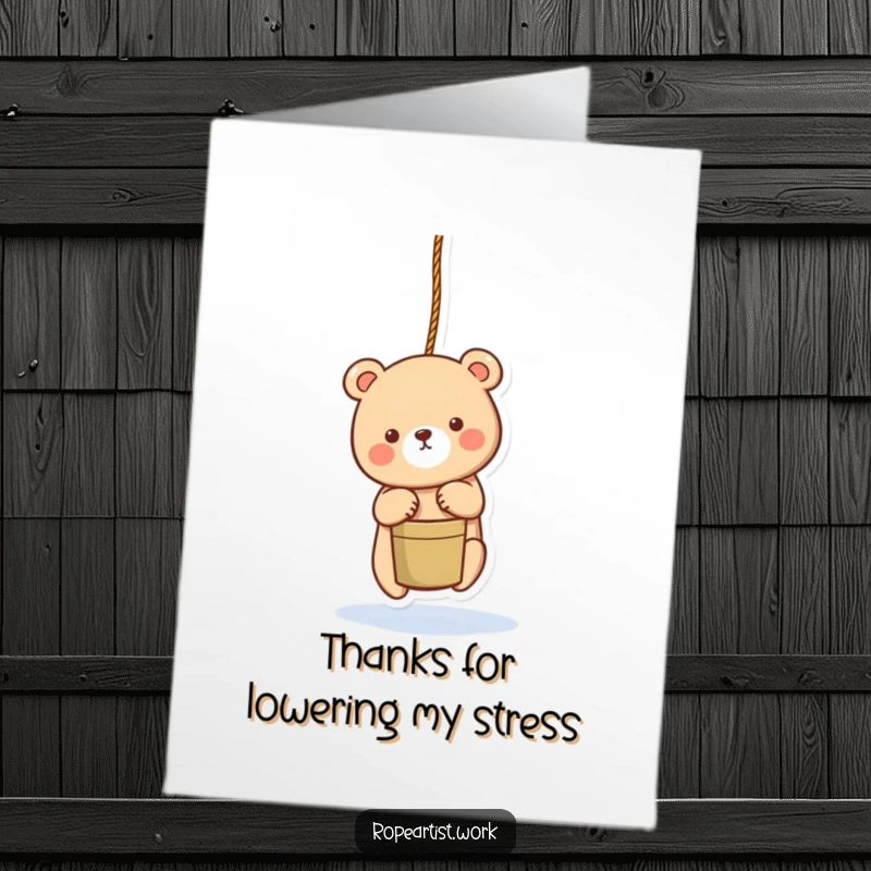 Funny Free Printable Thank You Card: An adorable bear character lowering a bucket with a rope, saying thank you with a charming surprise.