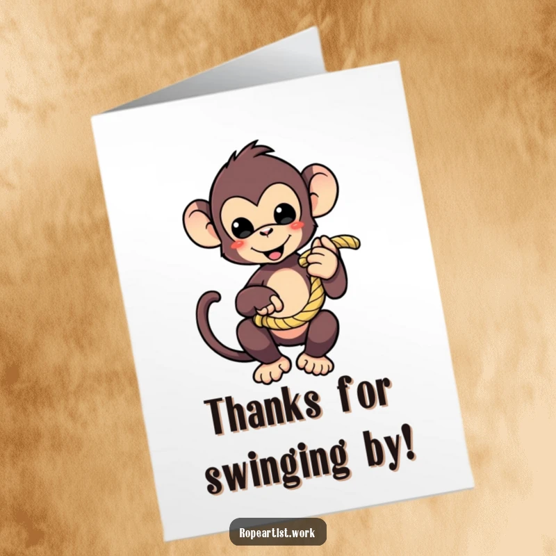 Funny Free Printable Thank You Card: Cute monkey character holding a coiled rope, expressing sincere thanks with a playful grin.