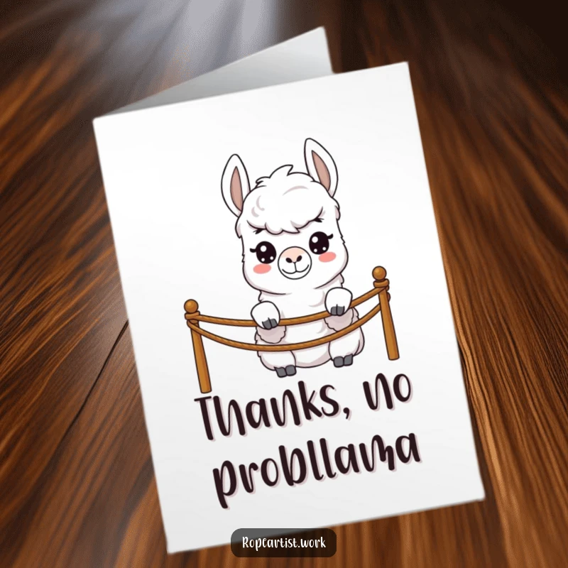 Funny Free Printable Thank You Card: A shy llama character peeking over a rope barrier, expressing thanks with endearing bashfulness.