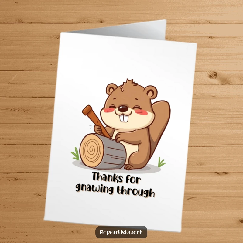 Funny Free Printable Thank You Card with a kawaii beaver cheerily sawing a log, expressing gratitude.