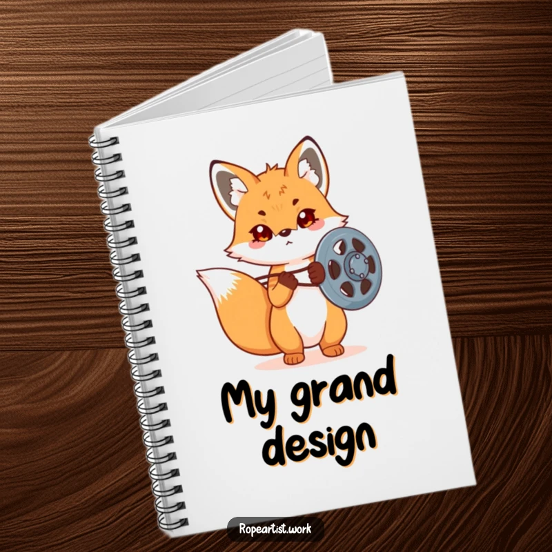 Funny Kawaii Fox Notebook with a cute fox adjusting a pulley, perfect for planning, note-taking, and engineering minds.