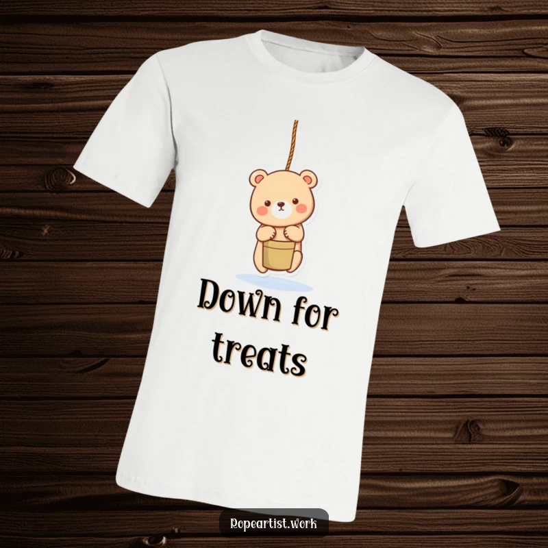 Funny bear t-shirt with an adorable character lowering a bucket with a rope, a cute and humorous apparel choice.