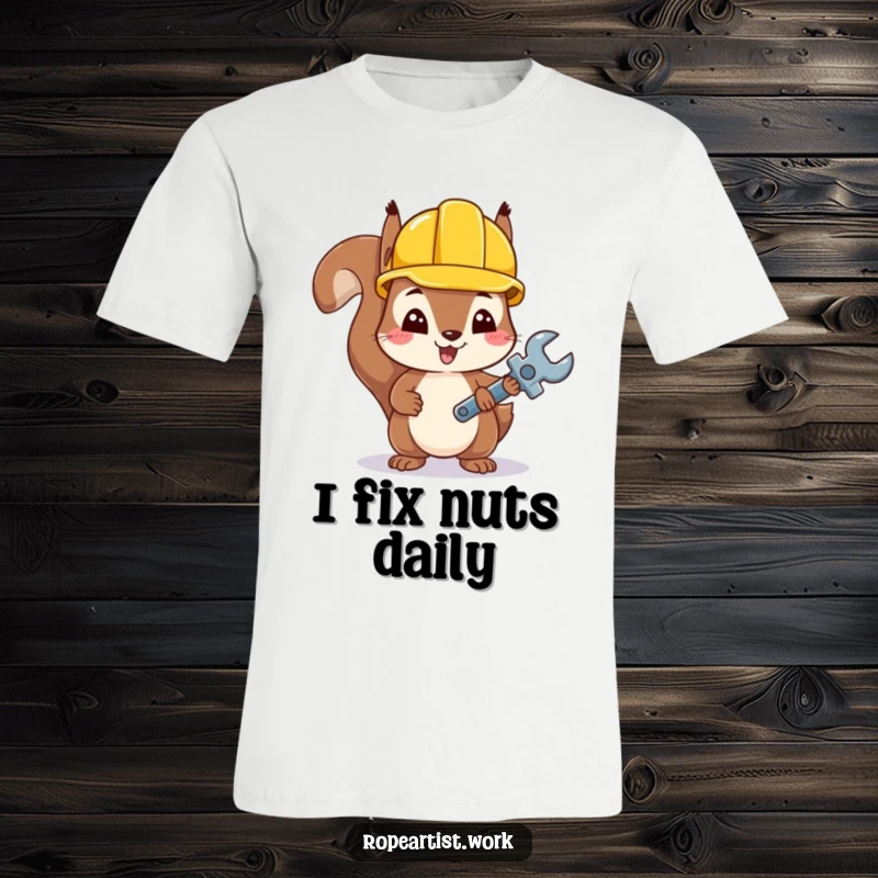 Funny Kawaii Squirrel T-Shirt featuring a cute squirrel in a hard hat carrying a small wrench, ready for work.
