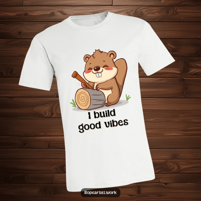 Funny Kawaii Beaver T-Shirt featuring a cheerful beaver sawing a log with enthusiasm and a big smile.