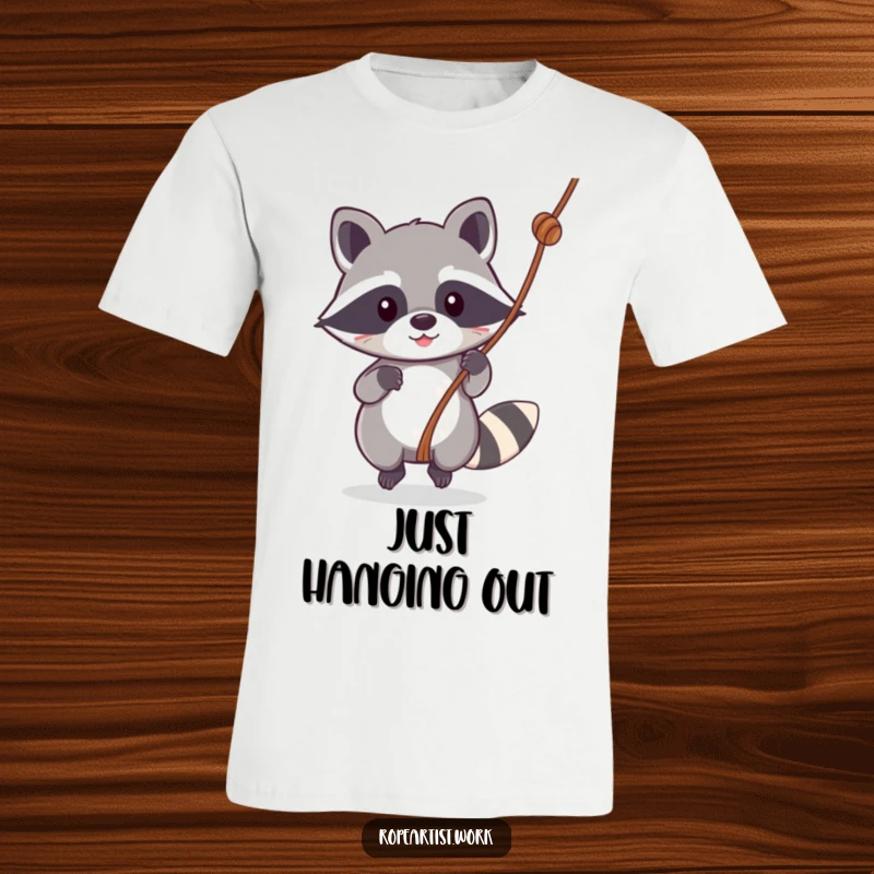Funny Kawaii Raccoon T-Shirt featuring a cute raccoon playfully swinging on a rope, ideal for active individuals and animal fans.